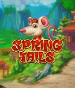 A charming illustration of a white rat wearing a red traditional Chinese outfit standing in a scenic landscape with mountains. The image promotes the Spring Tails Slot by Betsoft, showcased with striking red and gold logo text.